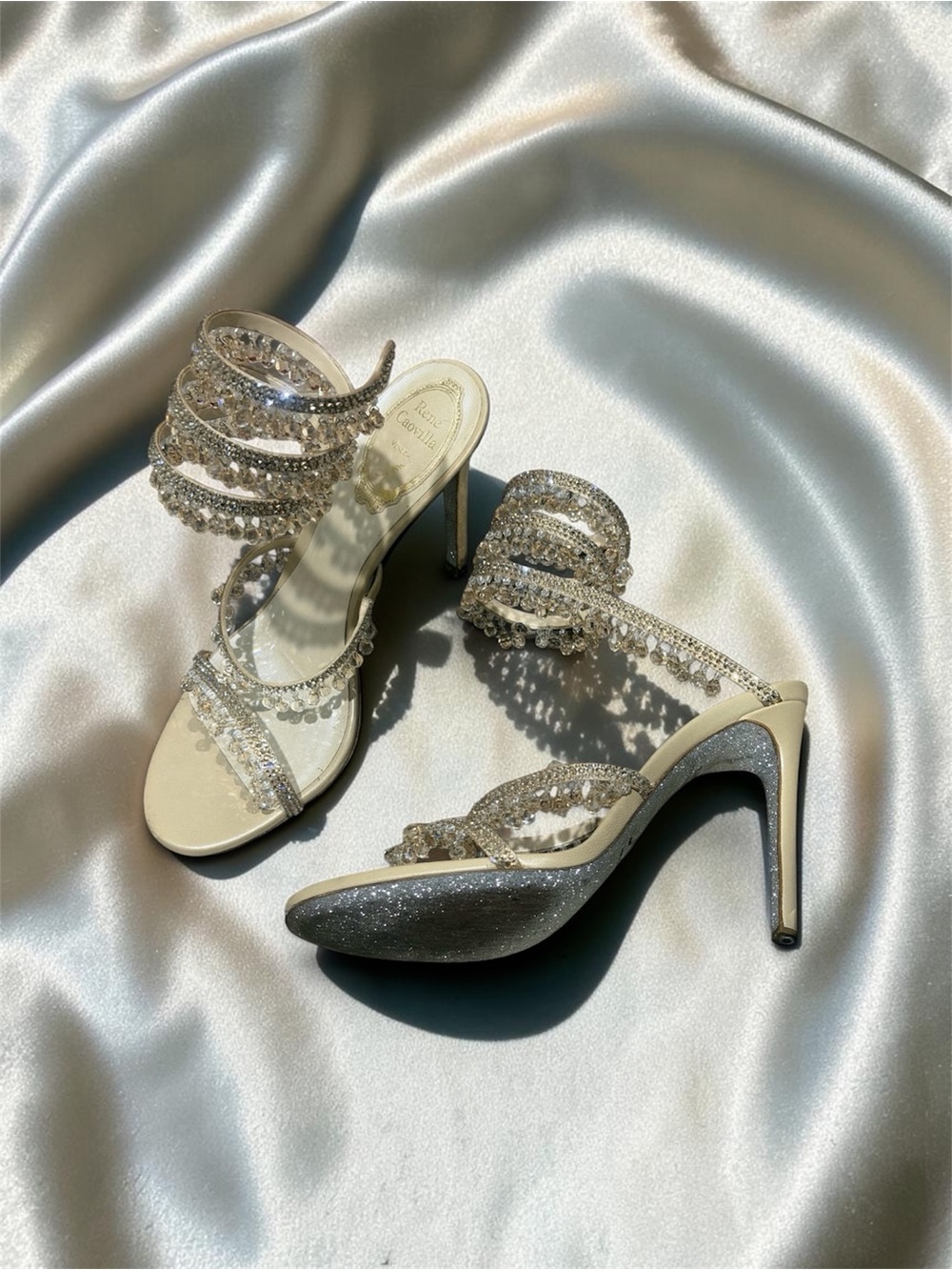 RENE CAOVILLA NUDE JEWEL SANDALS CHANDELIER SIZE 37.5 PREOWNED